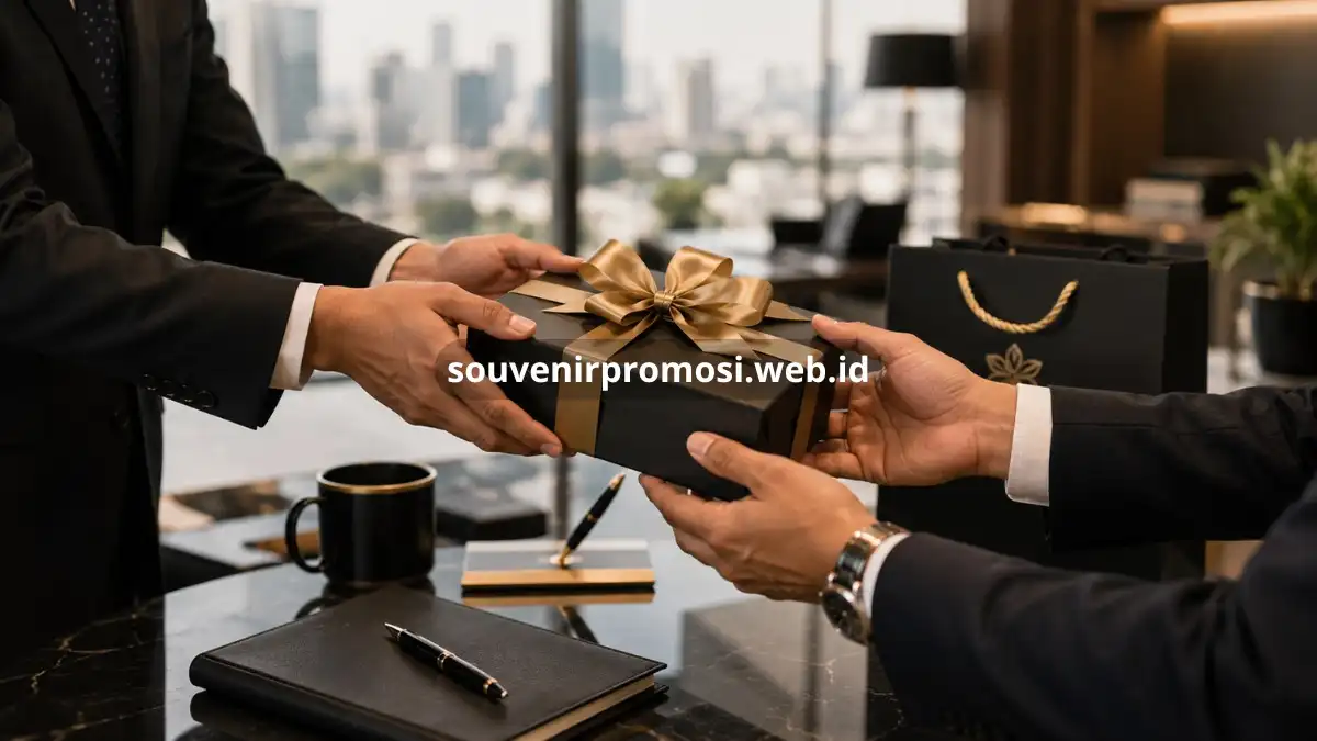 Pertukaran hadiah di ruang kantor elegan
